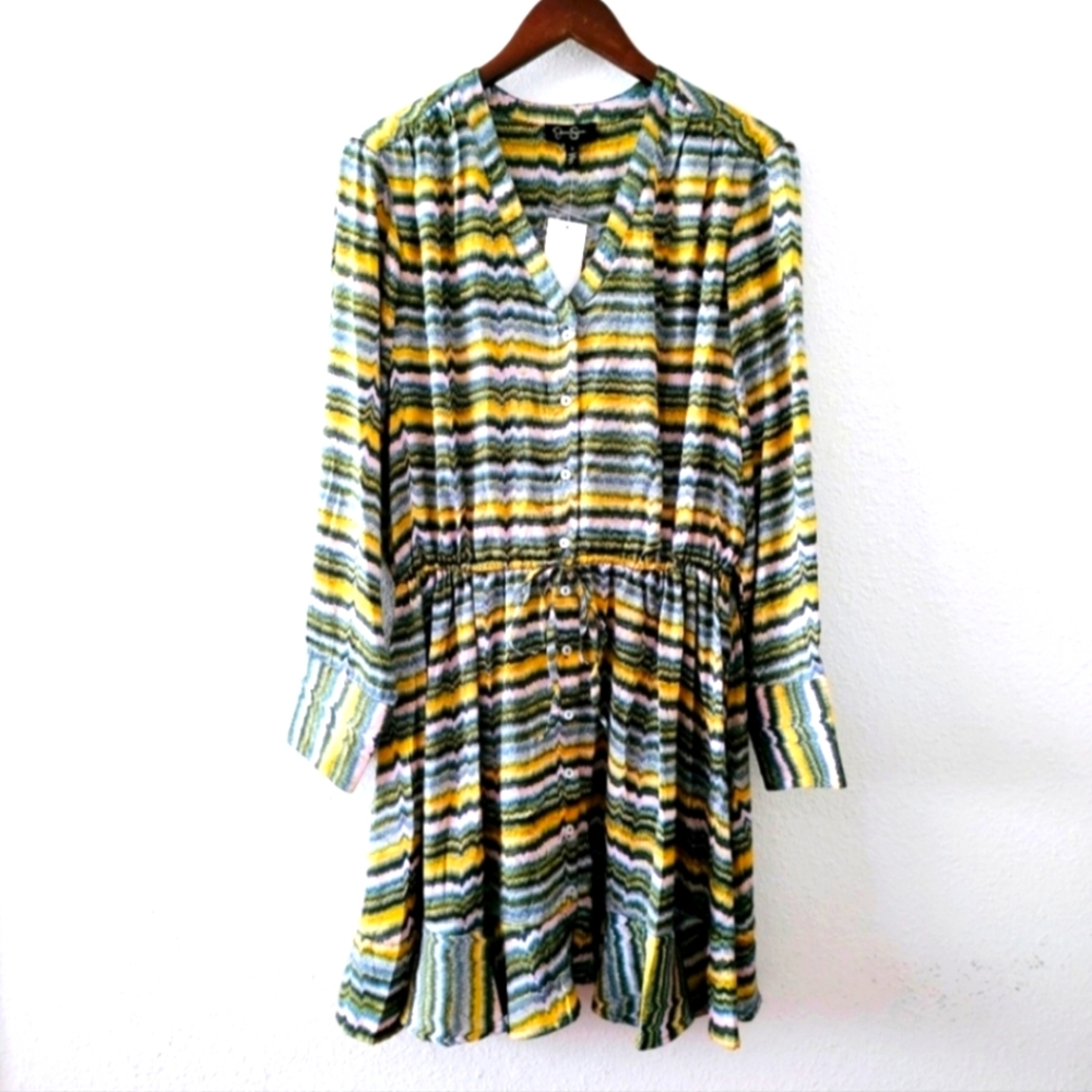 Jessica Simpson Print dress size L button front ruffle hem Long Sleeve NWT